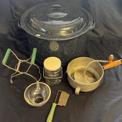 Antique Canning Items, 1940’s Foley Food Mill, Yo-Ho Jar Lifter,  Krinkle Cutter, Enamel Canning Pot