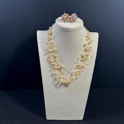Vintage Floating Pearl Necklace & Earrings 