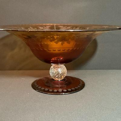 Amber Pedestal Bowl with Etched Flowers