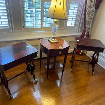 Lyre end tables, square top side table with Waterford table lamp