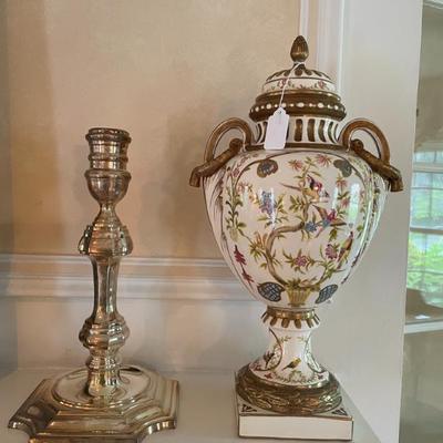 Silver candle holder and J Reed Urn (pairs)