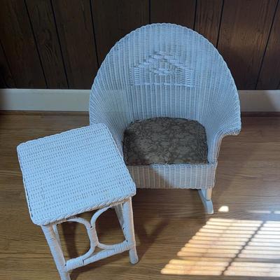 Kids White Wicker Rocking Chair with Side Table