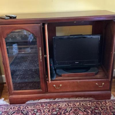 Wooden Entertainment Center With Stereo, TV, Speakers