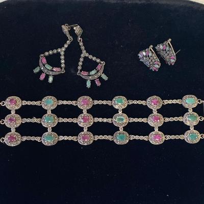 Sterling Silver Emerald Ruby Bracelet Earrings 