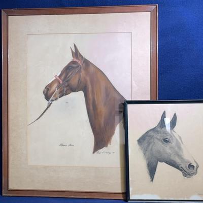 Vintage Horse Art Framed, “Merry Jane” By Carol Guernsey & Charcoal By WS Klutz