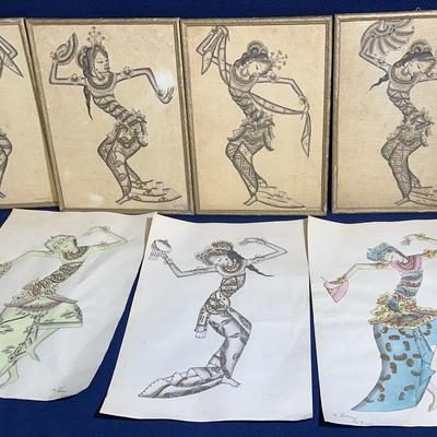 Balinese Dancers, Signed Hand Painted Vintage Art, 7 Pcs