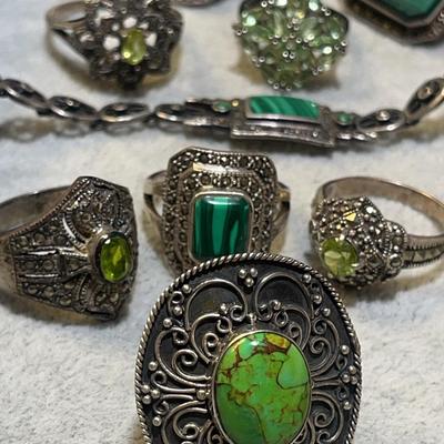 Sterling Silver Malachite & Green Stone Jewelry Rings & Bracelet