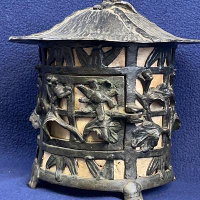 Cast Iron Japanese Lantern, Rice Paper Lining, Vintage 