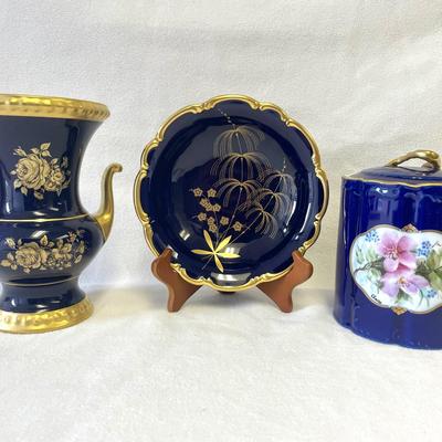Cobalt Blue Hand-embellished Bowl, Vase And Jar 3pcs