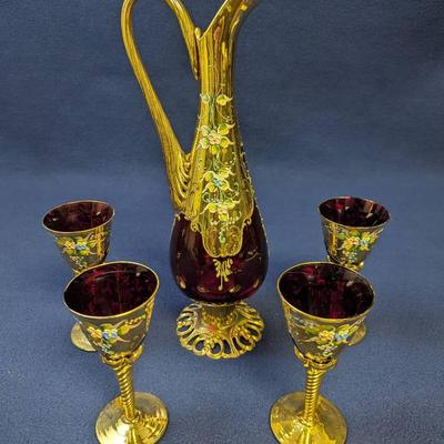 Vintage Italian Murano Glass Ruby Red Decanter & Cordial Set