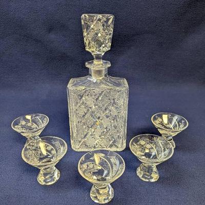Vintage Bohemian Cut Glass Decanter & Aperitif Glass Set