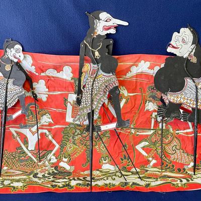 Indonesian Silhouette Shadow Puppets With Tapestry 