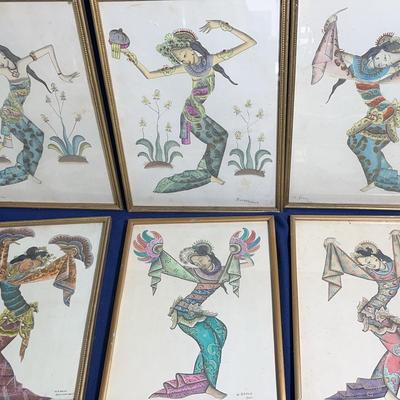 Balinese Dancers, Hand Painted On Paper, Frame, 6 Pcs