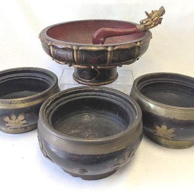 Vintage Decorative Balinese Wooden Rice Bowls (4) with Spatula