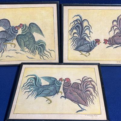 Balinese Art On Linen, Cock Fight, Signed, 3 Pcs