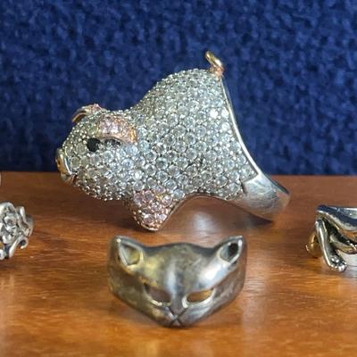 Sterling Silver Pig & Cat Rings, 4 Pcs