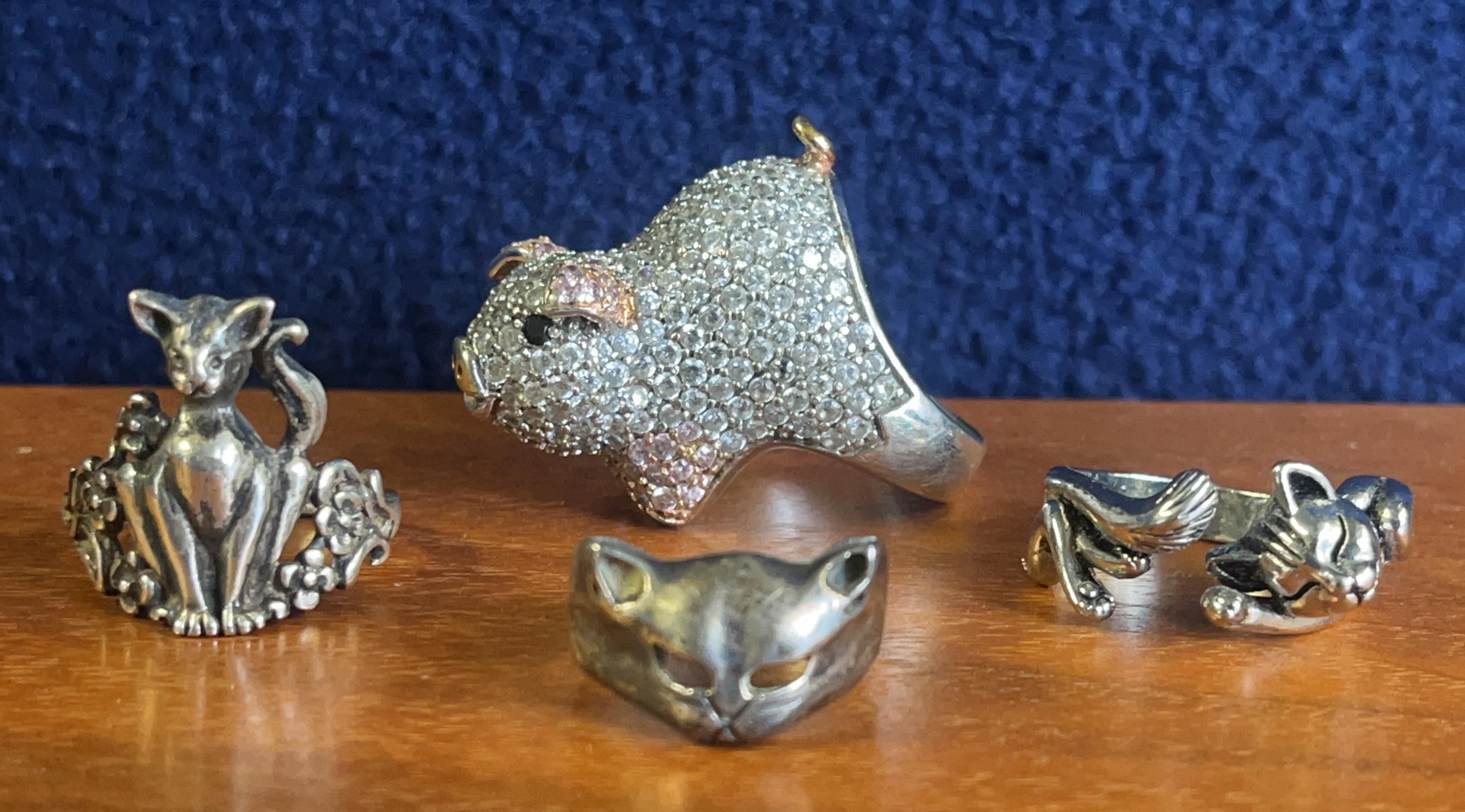 Sterling Silver Pig & Cat Rings, 4 Pcs