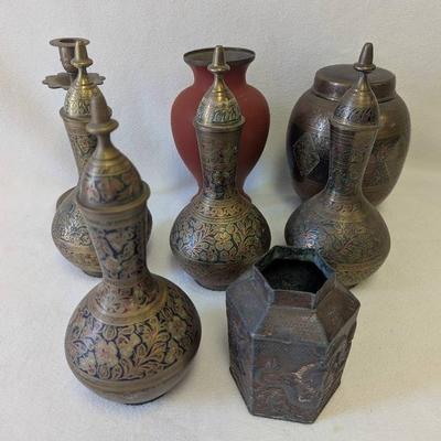 Vintage Indian Handmade Engraved Brass Wares, Pots, Vase, Candlestick