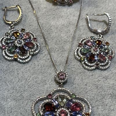 Sterling Silver Flower Gemstone Ring Necklace Earring Set