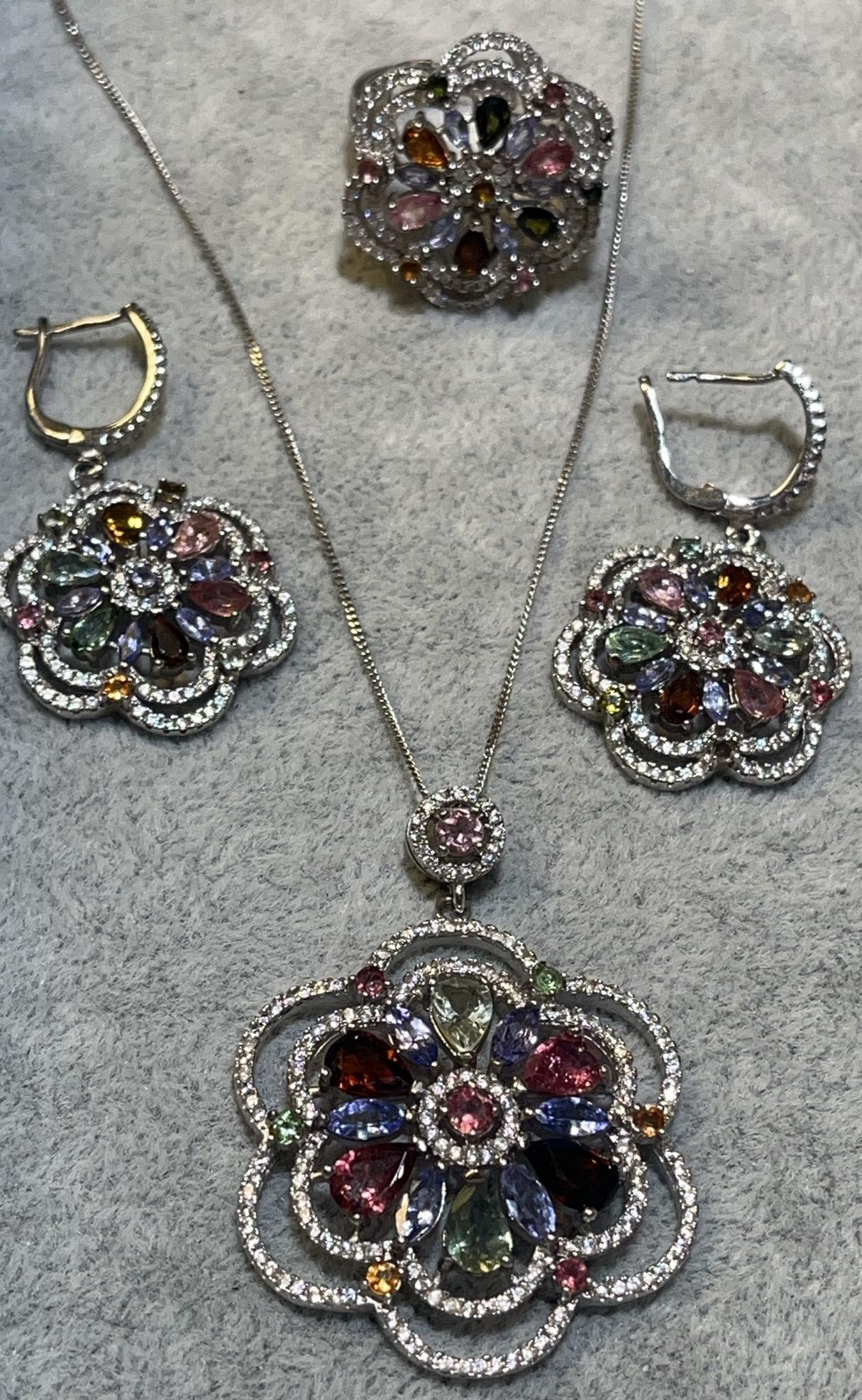 Sterling Silver Flower Gemstone Ring Necklace Earring Set