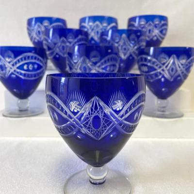 Bohemian Cobalt Blue Cut to Clear Crystal Goblets 9pcs