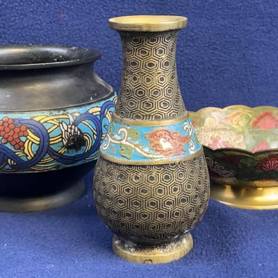 Souheast Asian Metal With Enamel, Vintage Vessels, 3 Pcs