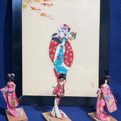 Japenese 3D Silk Art Framed With 3 Geisha Dolls