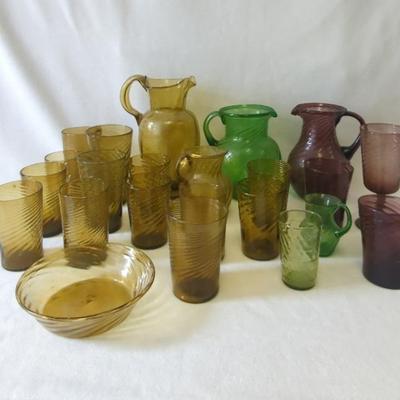 Mexican Artisan Hand Blown Amber Purple Green Glassware 23 Pieces