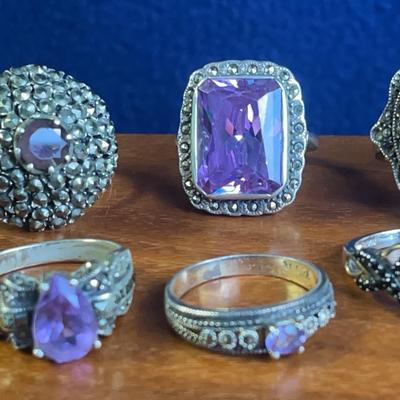 Sterling Silver Amethyst Rings, 8 Pcs