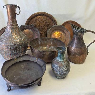 Middle Eastern & Asian Copper / Bronze Platters, Pitchers Handmade Vintage