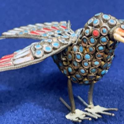 Tibetan Nepal Brass Bird, Turquoise & Red Coral Stone Figure