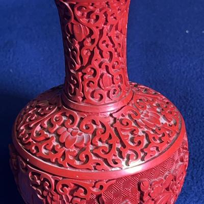 Cinnabar Vase, Antique, Brass Lining