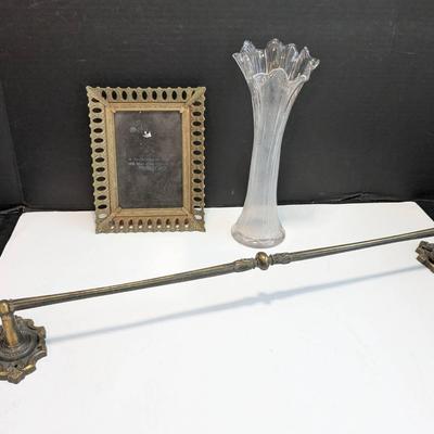 Vintage Metal Photo Frame, Towel Rack & Flowy Glass Vase