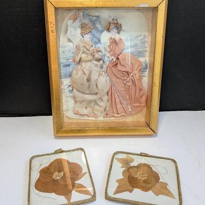 Shadow Box Of Victorian Friends W/ Silk Dresses & Pressed Flower Wall Hangings