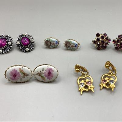 Purple & Floral Clip On Earrings
