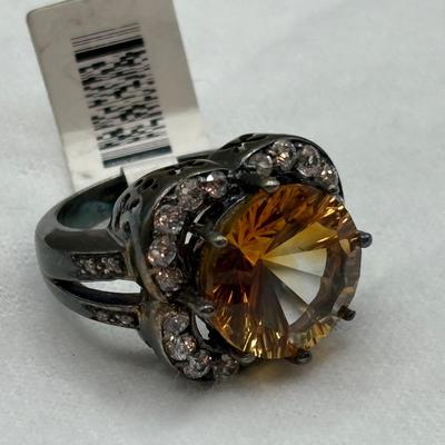 Gold Over Sterling Silver Ring with Large Citrine Stone and CZ