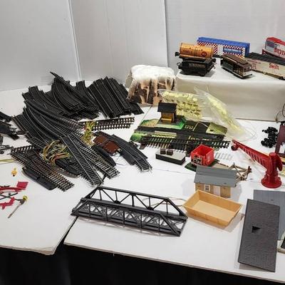Large Railroad Lot: 8 Train Cars, Buildings,  2 Sizes Tracks & More