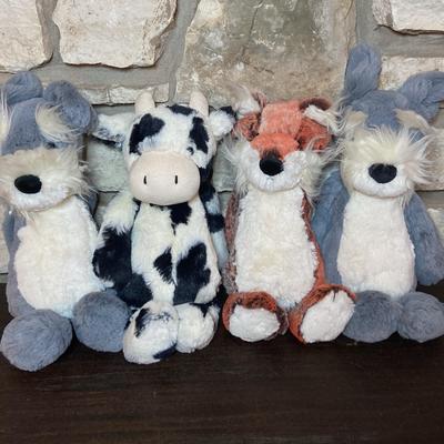 4 Jellycat Plushies - Bashful Schnauzer, Bashful Cow & Bashful Fox