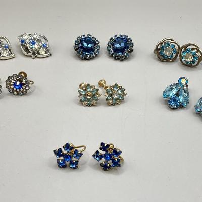 Blue Rhinestone Clip On Earrings