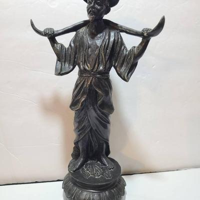 12" Cast Bronze Or Other Heavy Metal Sculpture Of Asian Man