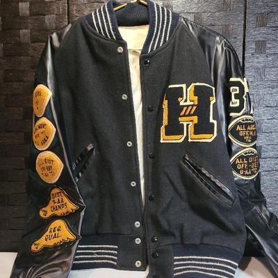 Vintage 1970s Wool/ Leather Football & Track Letter Jacket, Black And Gold "H"