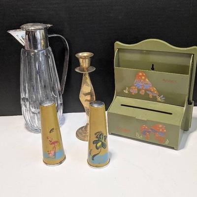 Vintage Household Goods - Brass Candlestick, Salt+Pepper Shakers, Crystal Pitcher & Mail Holder