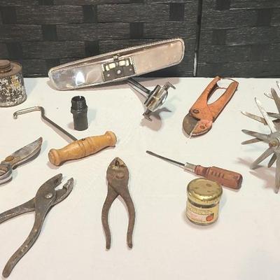 Vintage Metal Tools and Rearview Mirror