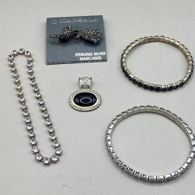 Marsala Sterling Silver Marcasite Brooch, 925 Onyx Pendant & Rhinestone Bracelets 