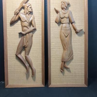 Mid Century Wall Art with Carved Figures and Burlap Background
