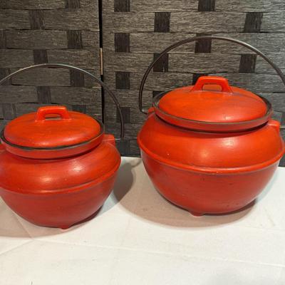 Red Ceramic Lidded Kettles (one has been repaired, see all photos)