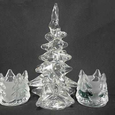 Nybro Swedish Crystal Christmas Set – Handmade Tree & Pair of Votive Holders