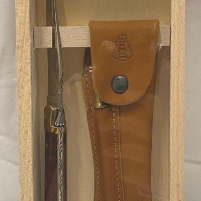 Laguiole Folding Knife With Display Case, Leather Sheath and Sharpener