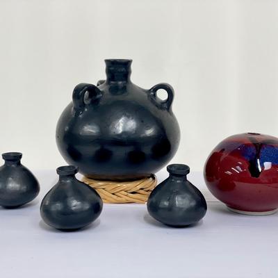 Traditional Black Clay Handcrafted Matching Set & Red Glazed Ceramic Pottery Vase 
