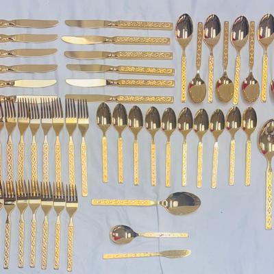 Reed & Barton “Mirror Steele” Gold Tone, Stainless Steel Flatware Set
